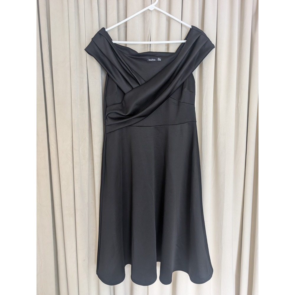 Womens boohoo Black Off Shoulder Dress 12 Excellent Draped Midi Fit & Flare
